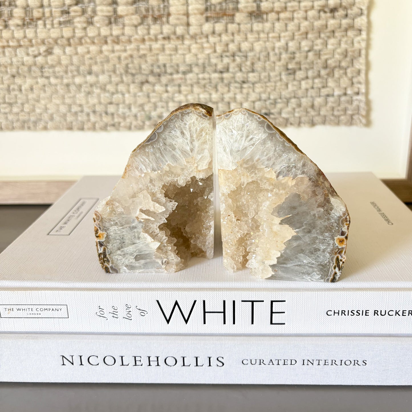 natural white agate crystal bookends