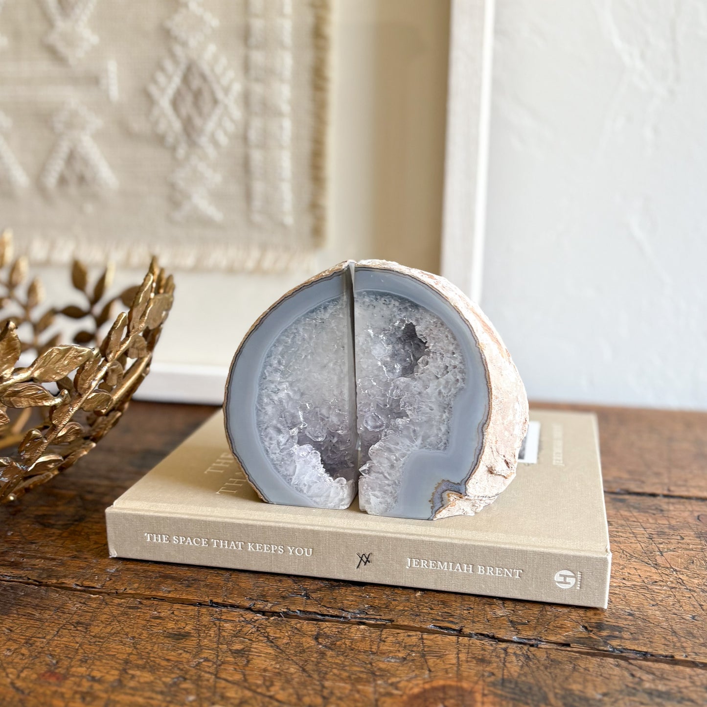 light blue brazilian agate crystal bookends, natural home decor
