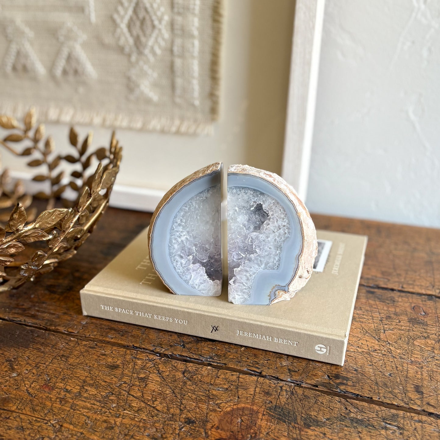 brazilian agate geode center bookend pair