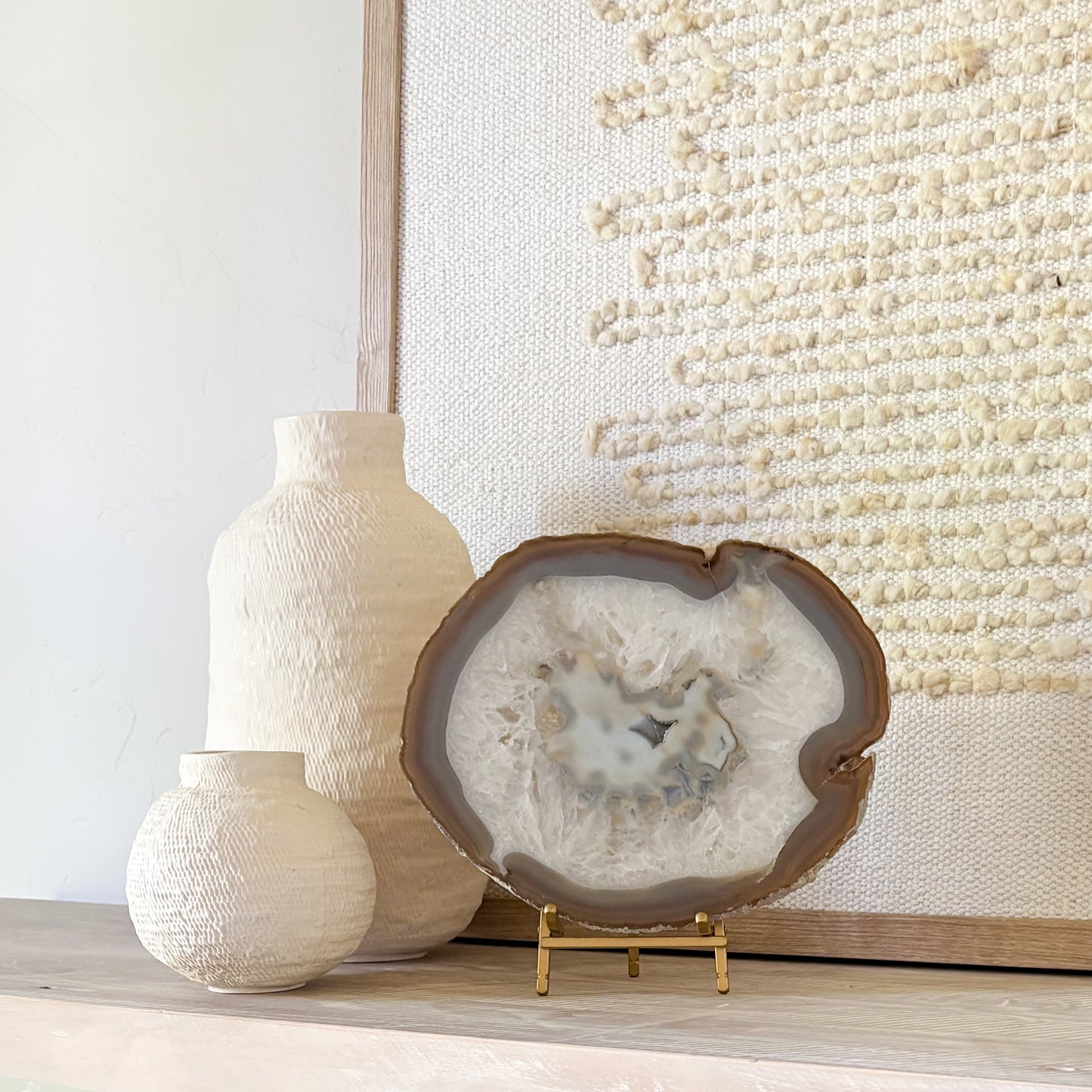 Brazilian agate slice on gold stand luxury home decor accent piece