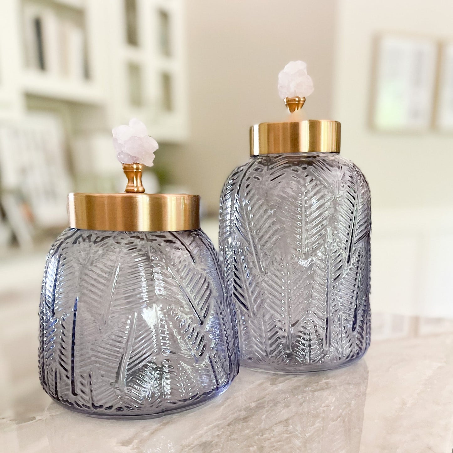 textured blue-grey glass with brushed brass lid