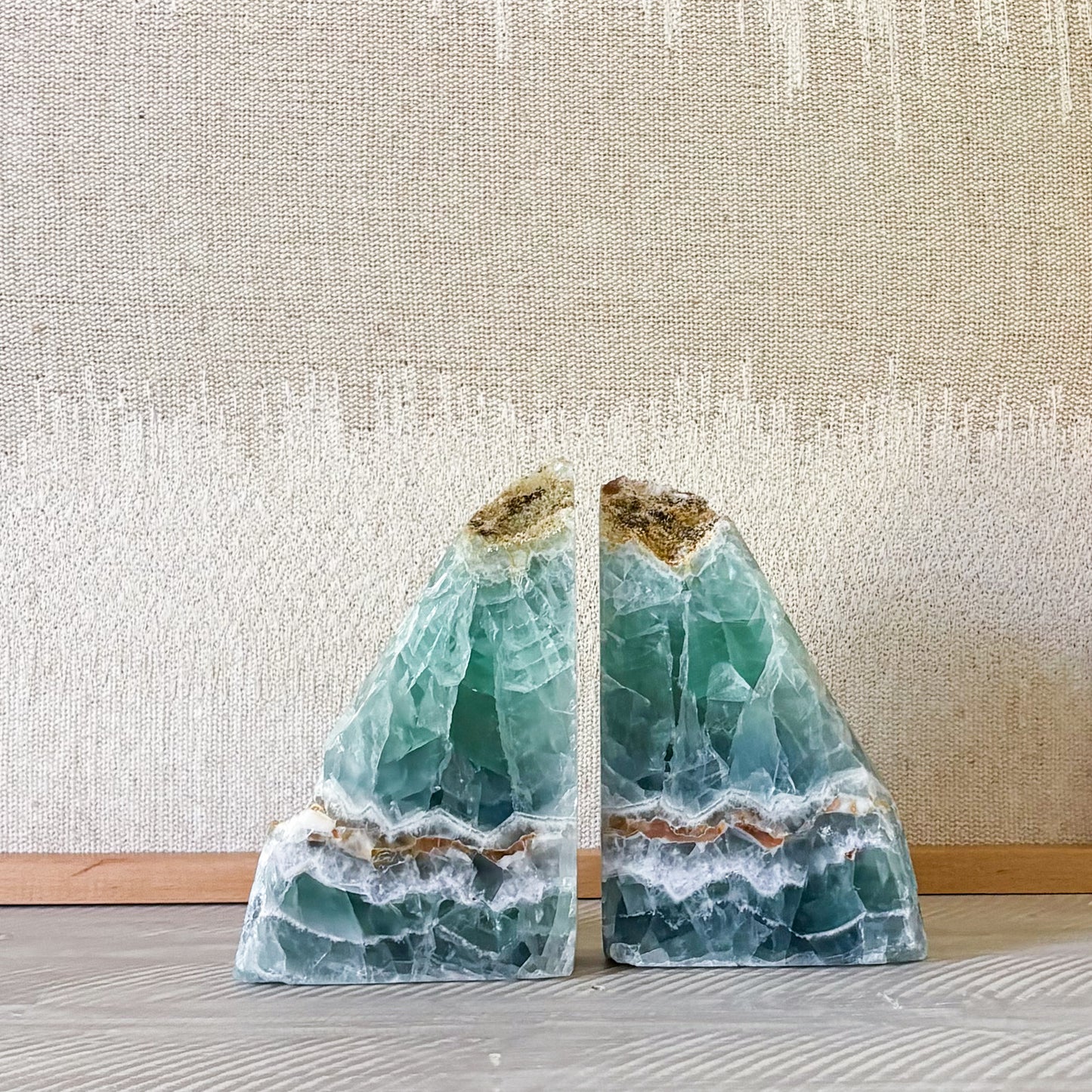Decorative fluorite crystal bookends pair for modern bookshelf decor