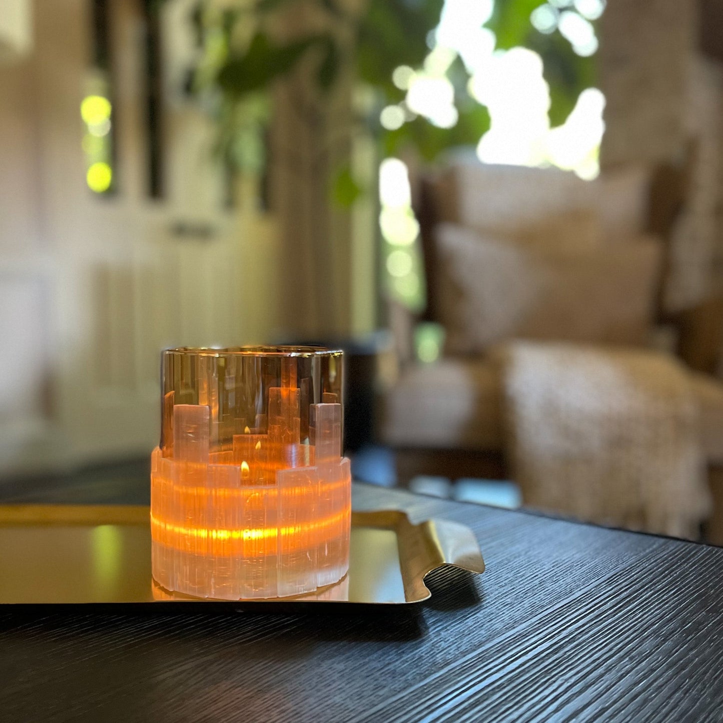 natural home accents, glass and selenite candle holder