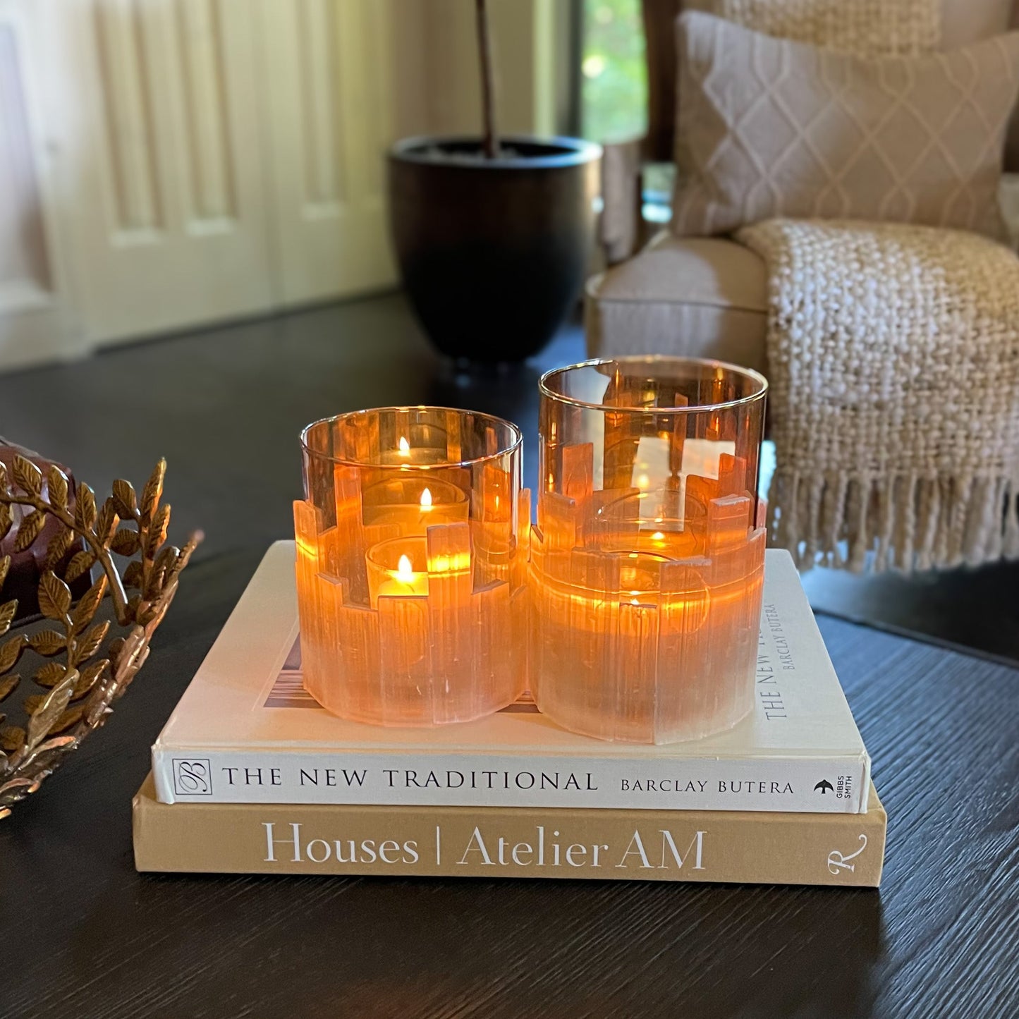 decorative glass and selenite candle holder, natural home accents