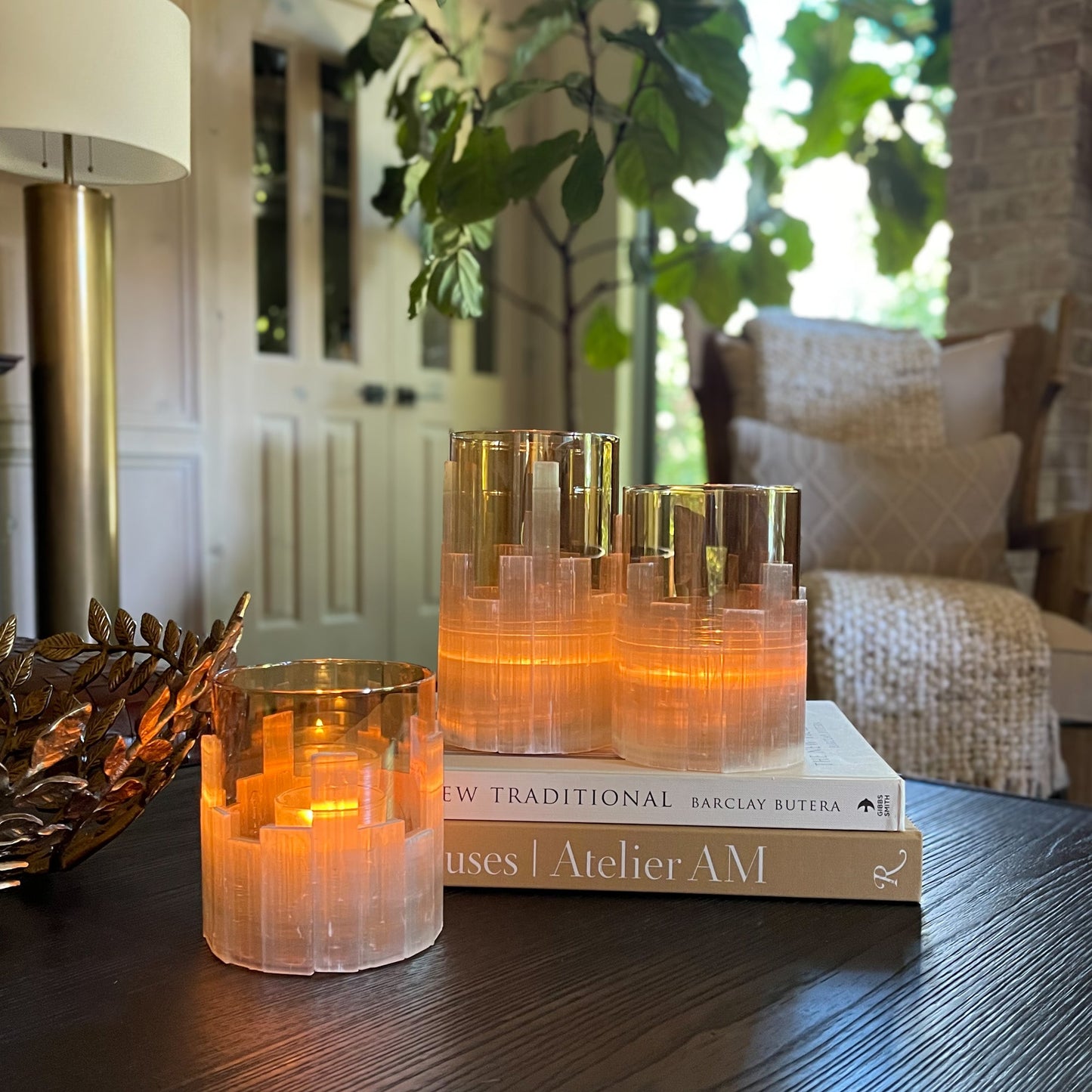 selenite crystal and glass candle holders, unique candle holders
