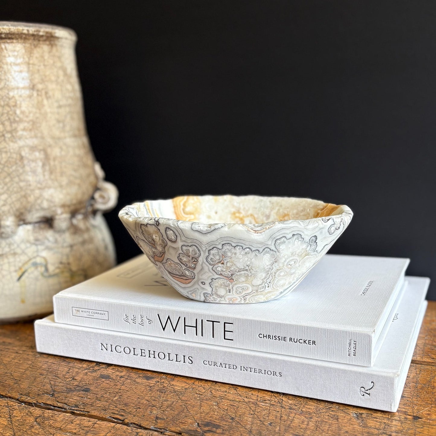 black, white and yellow onyx bowl