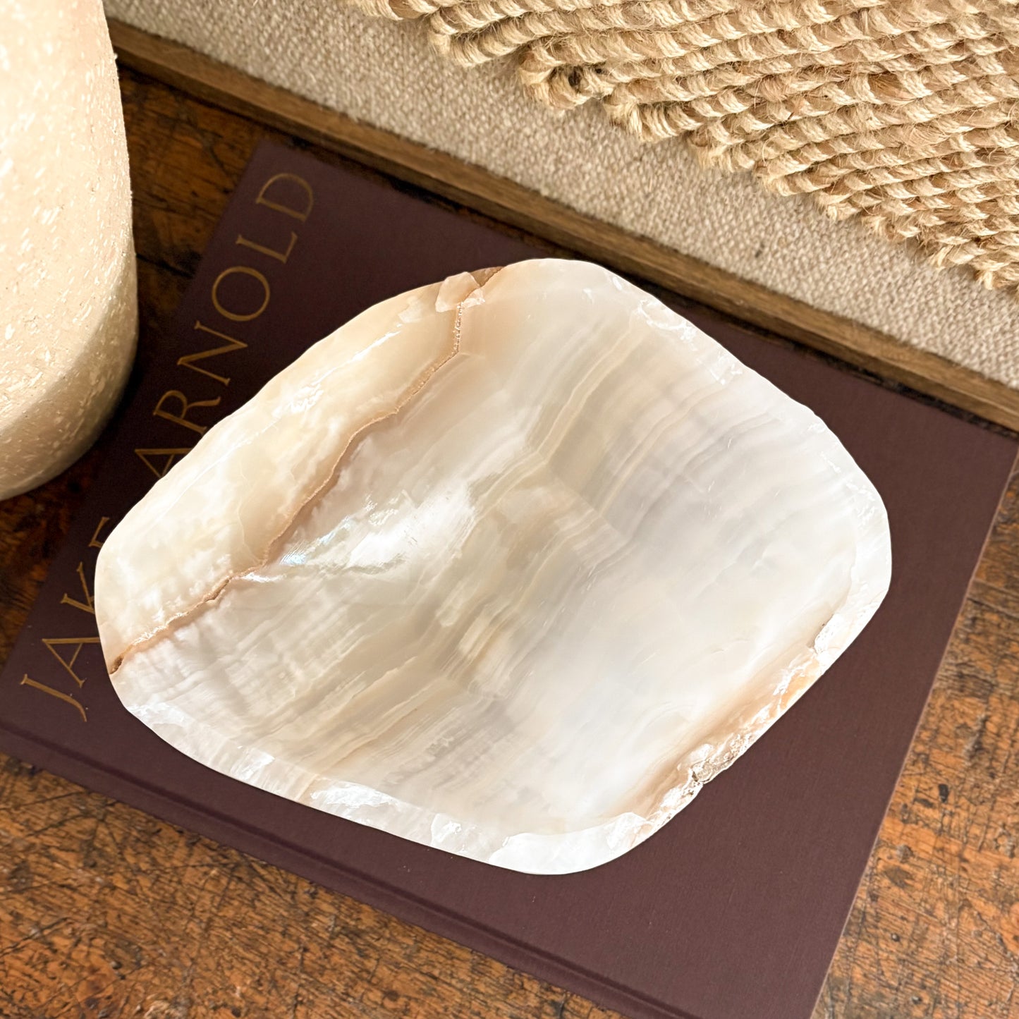 Amber onyx bowl for keys or jewelry, hand-polished with natural patterns