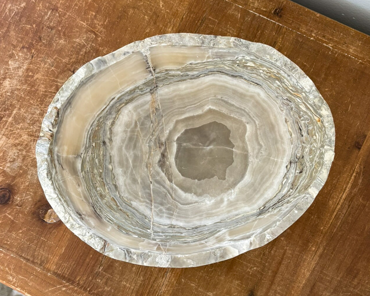 Luxury grey onyx bowl hand-carved from natural stone with beautiful color variations.