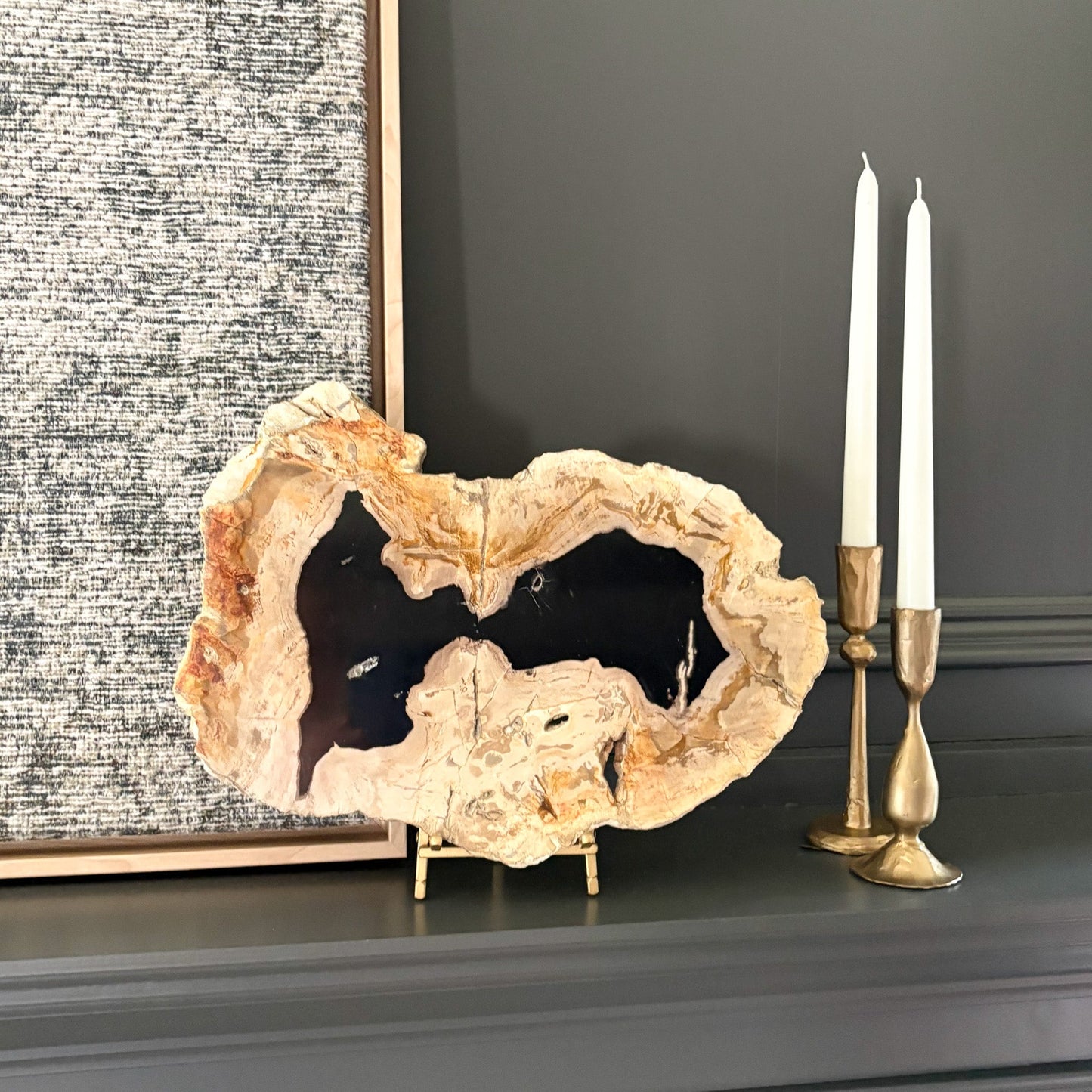 decorative black and beige fossilized wood slab on brass easel stand, natural home accents