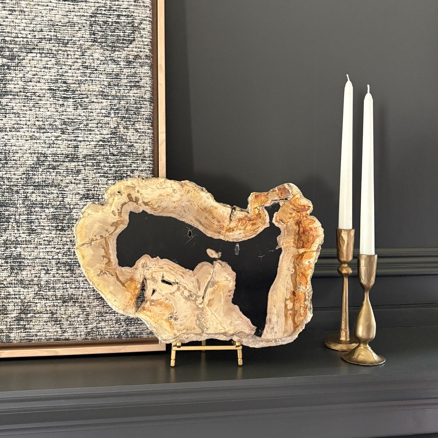 decorative black and beige petrified wood slice, natural mantel decor