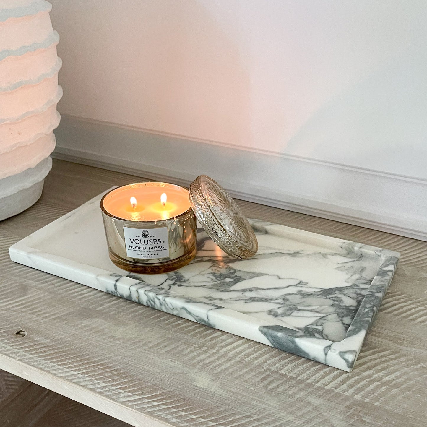 neutral home decor, marble accent tray