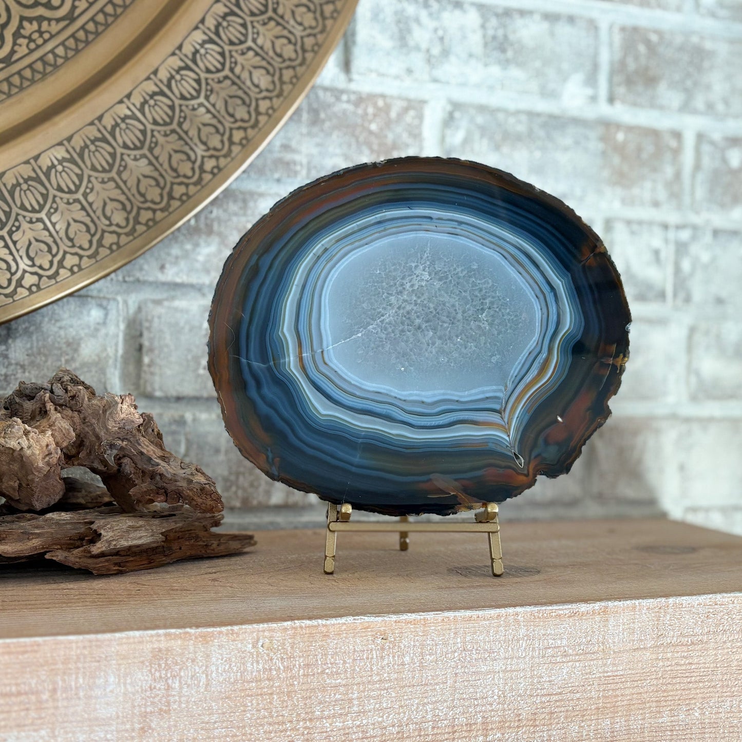 blue brazilian agate crystal thick slab on stand