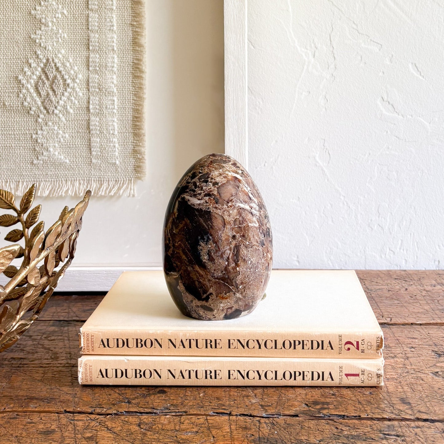 Decorative stone on top of two 'Audubon Nature Encyclopedia' books with a textured wall and gold leaf decoration in the background.