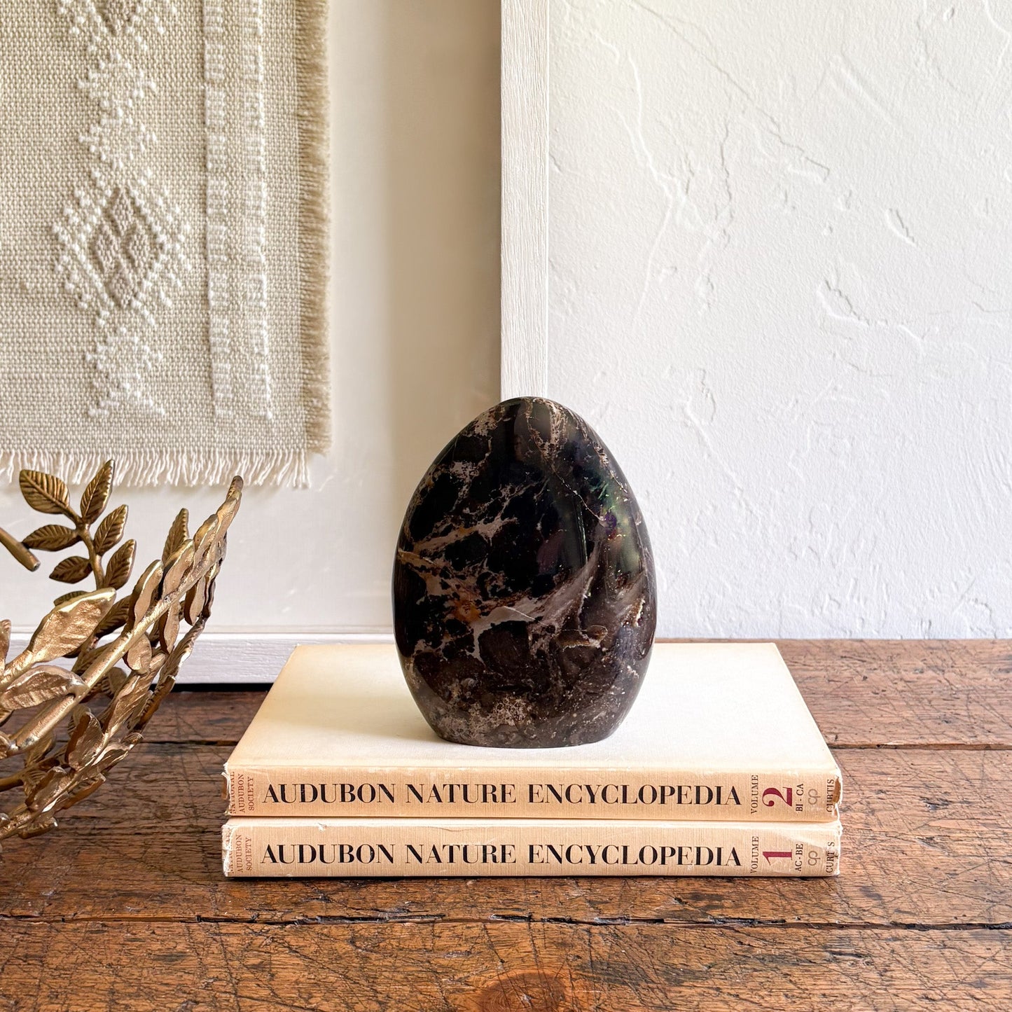 Decorative stone on top of Audubon Nature Encyclopedia books with a textured wall and gold leaf decor in the background.