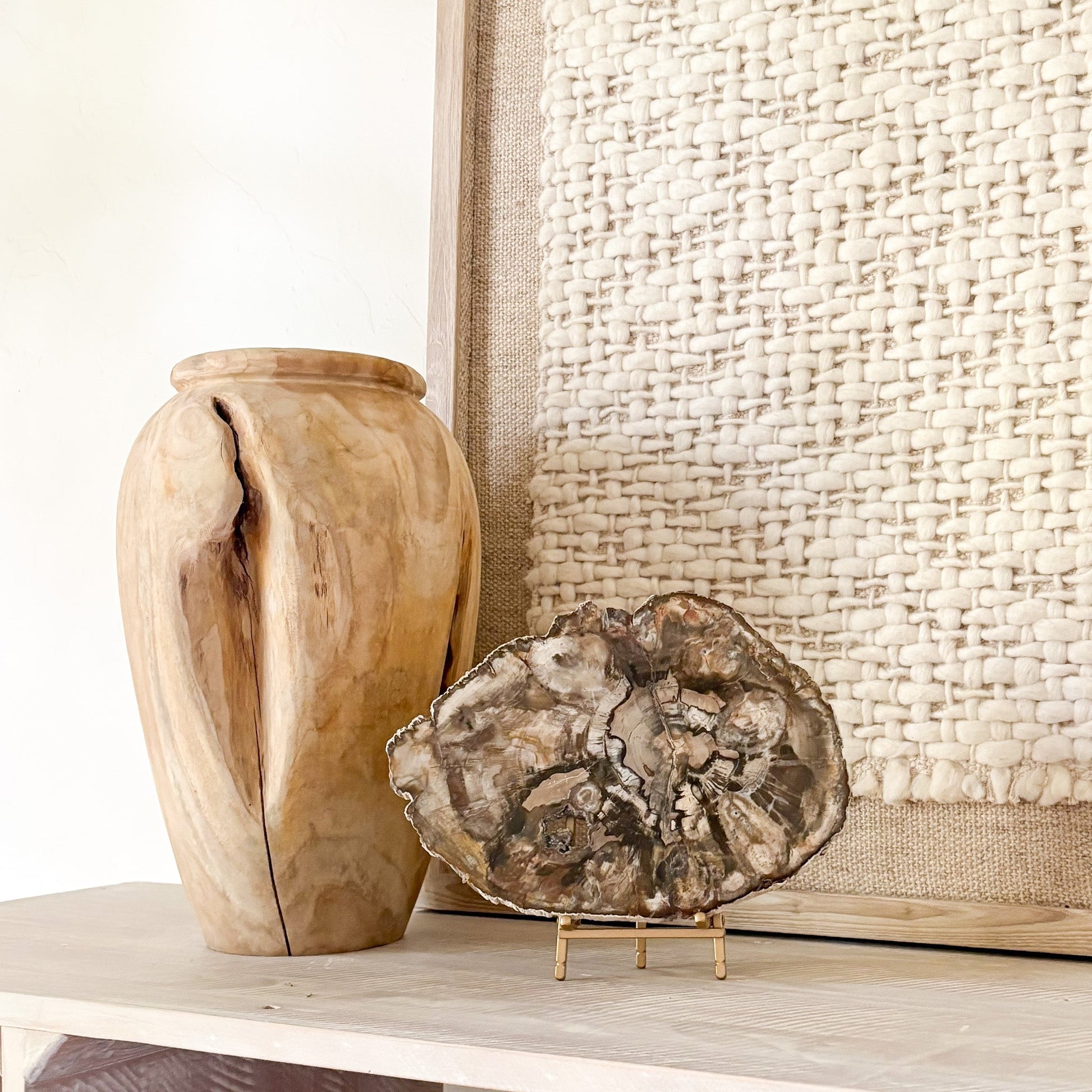 decorative fossilized wood slab on brass easel stand