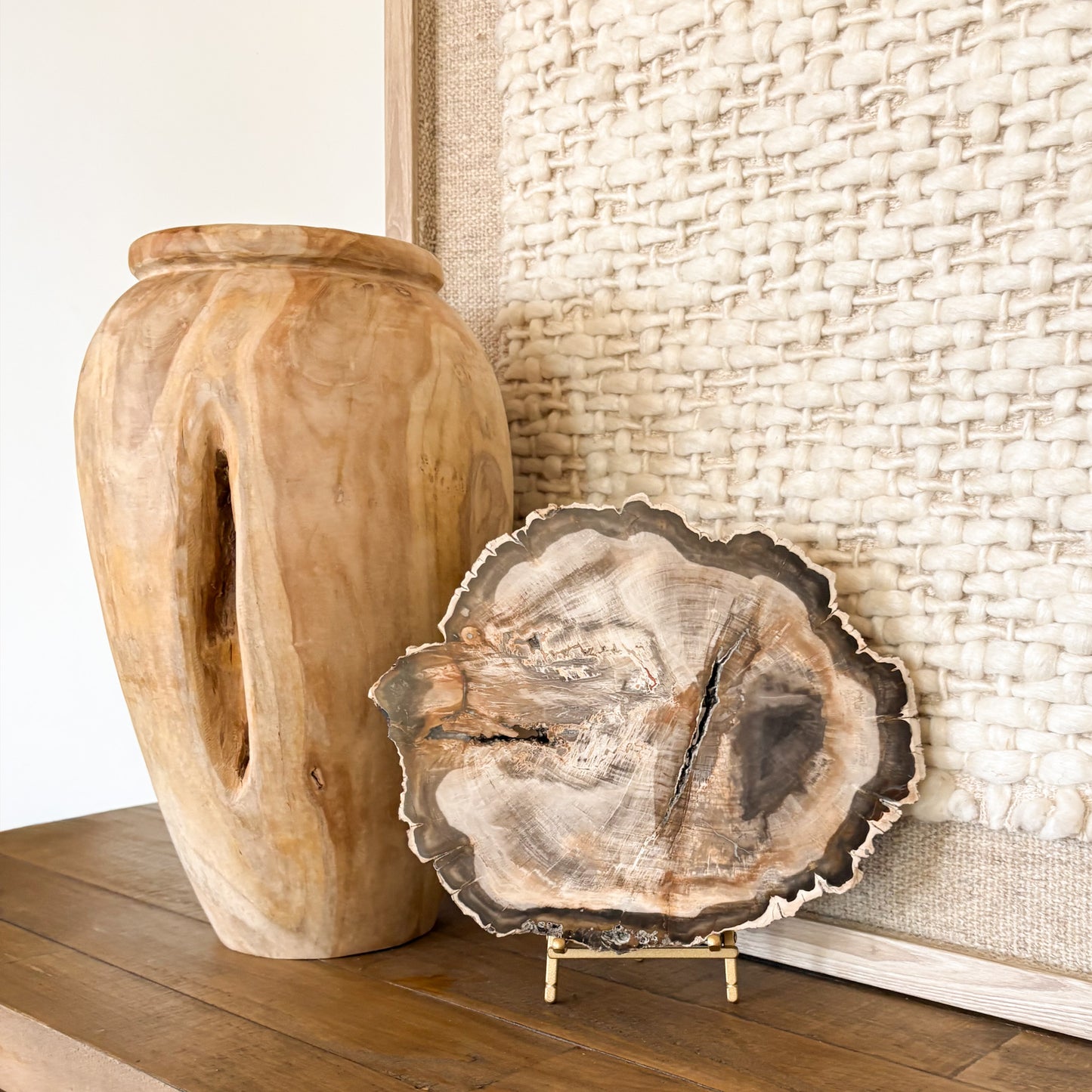 Decorative Madagascar petrified wood slab displayed as natural stone home decor with polished fossil wood surface