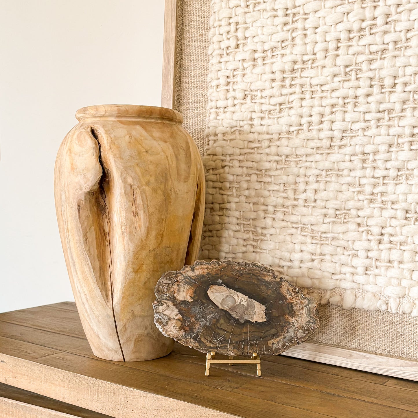 Natural petrified wood fossil slab from Madagascar displayed as home décor