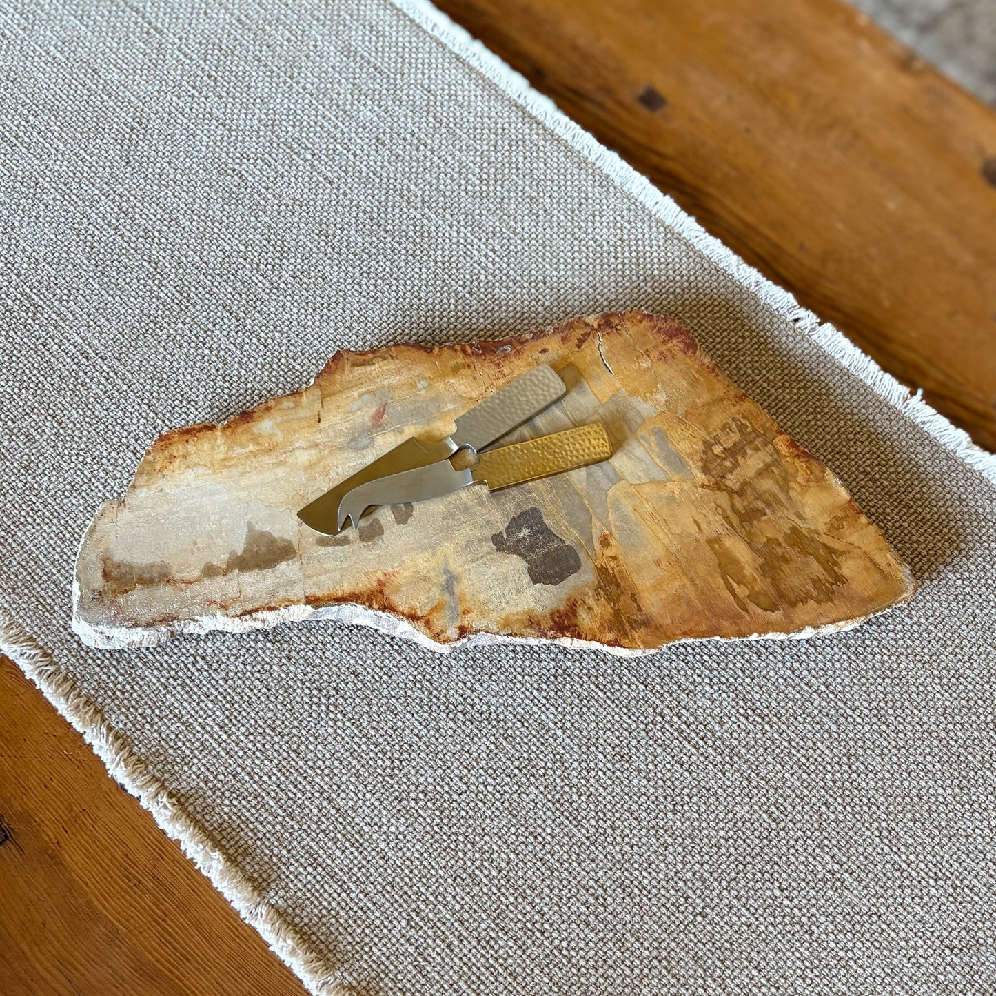 neutral home accents, organic home decor, petrified wood serving tray