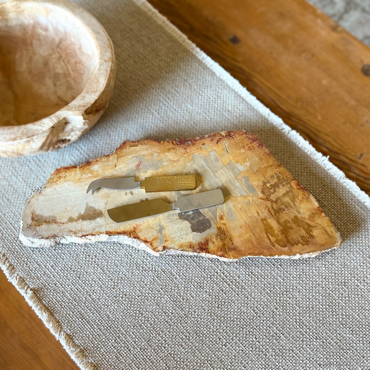 indonesian petrified wood charcuterie board, neutral kitchen accents
