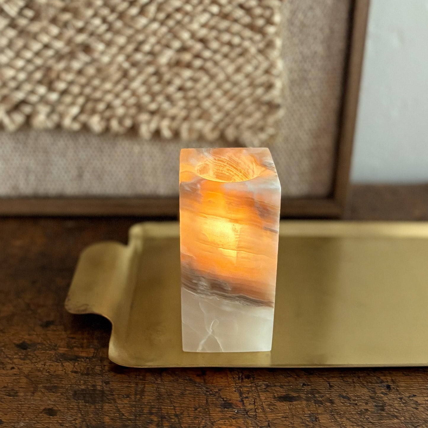 brown and white onyx candle holder