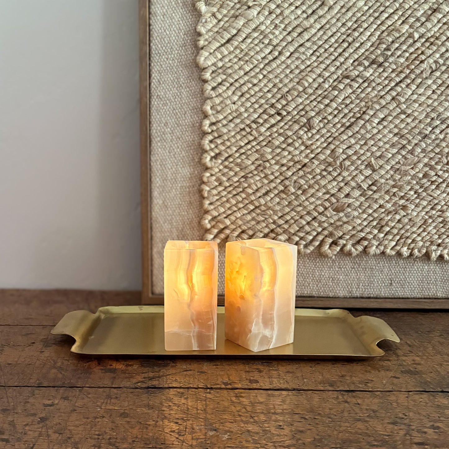 brown and white onyx candle holders