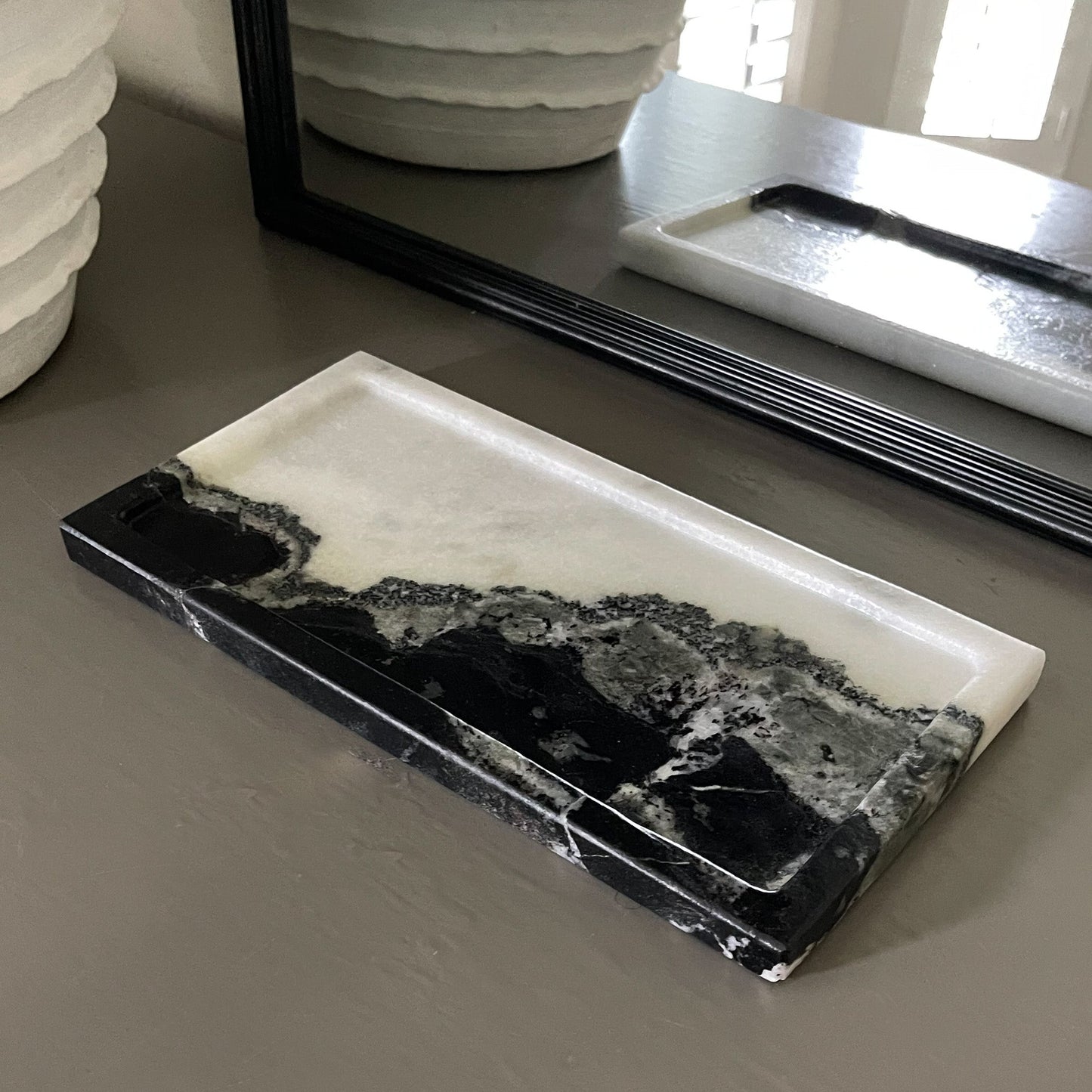 black and white marble accent tray