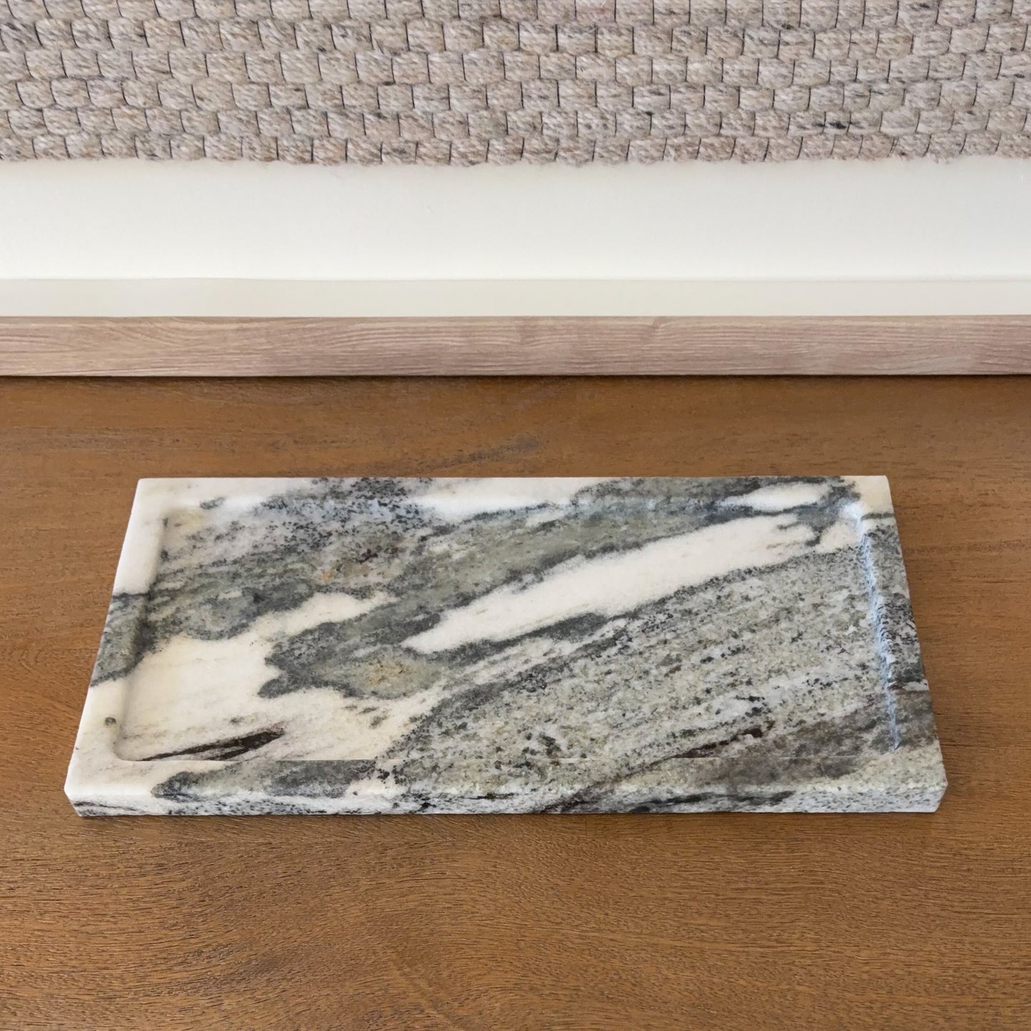 Black and white marble decorative tray close up