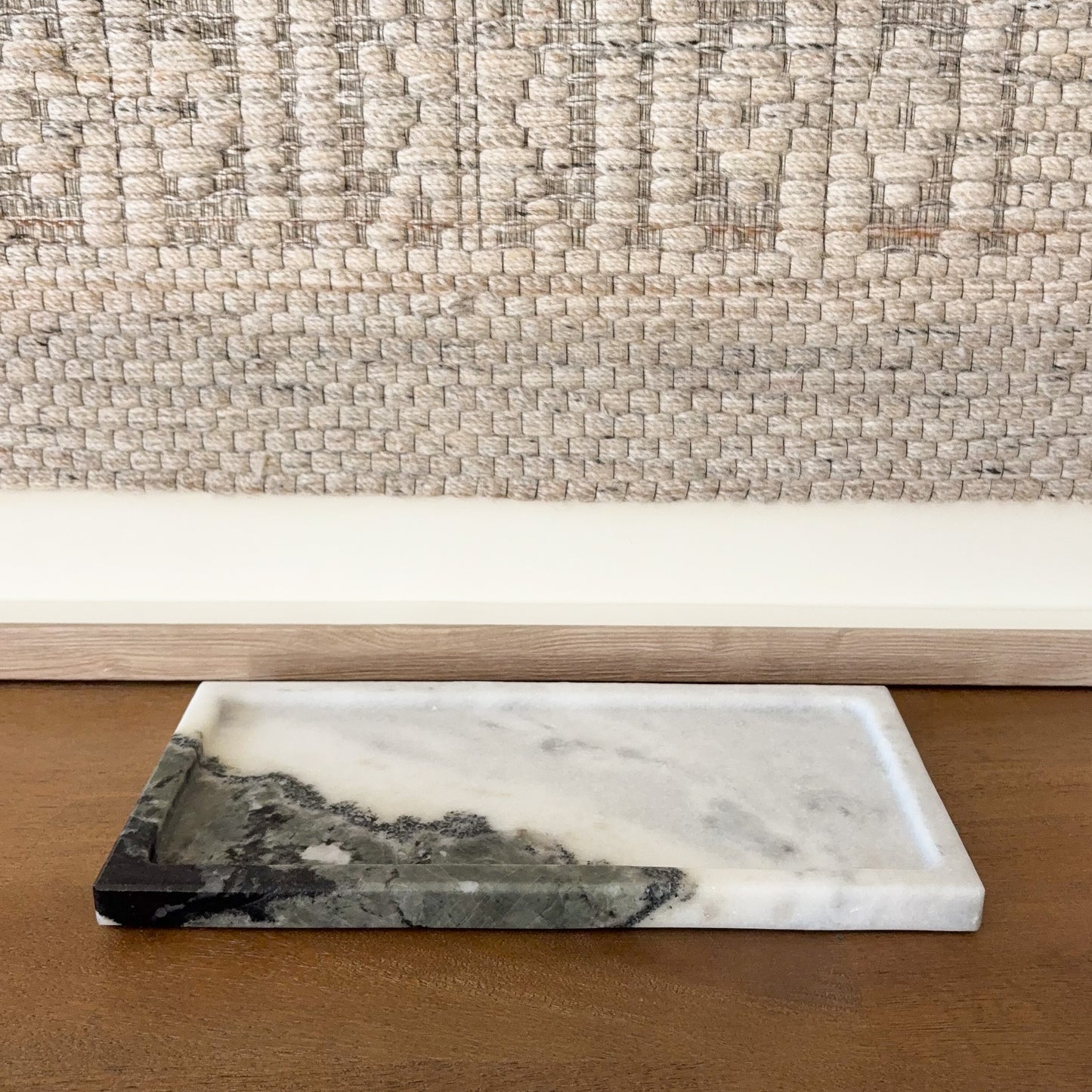 Black and white marble decorative tray close up