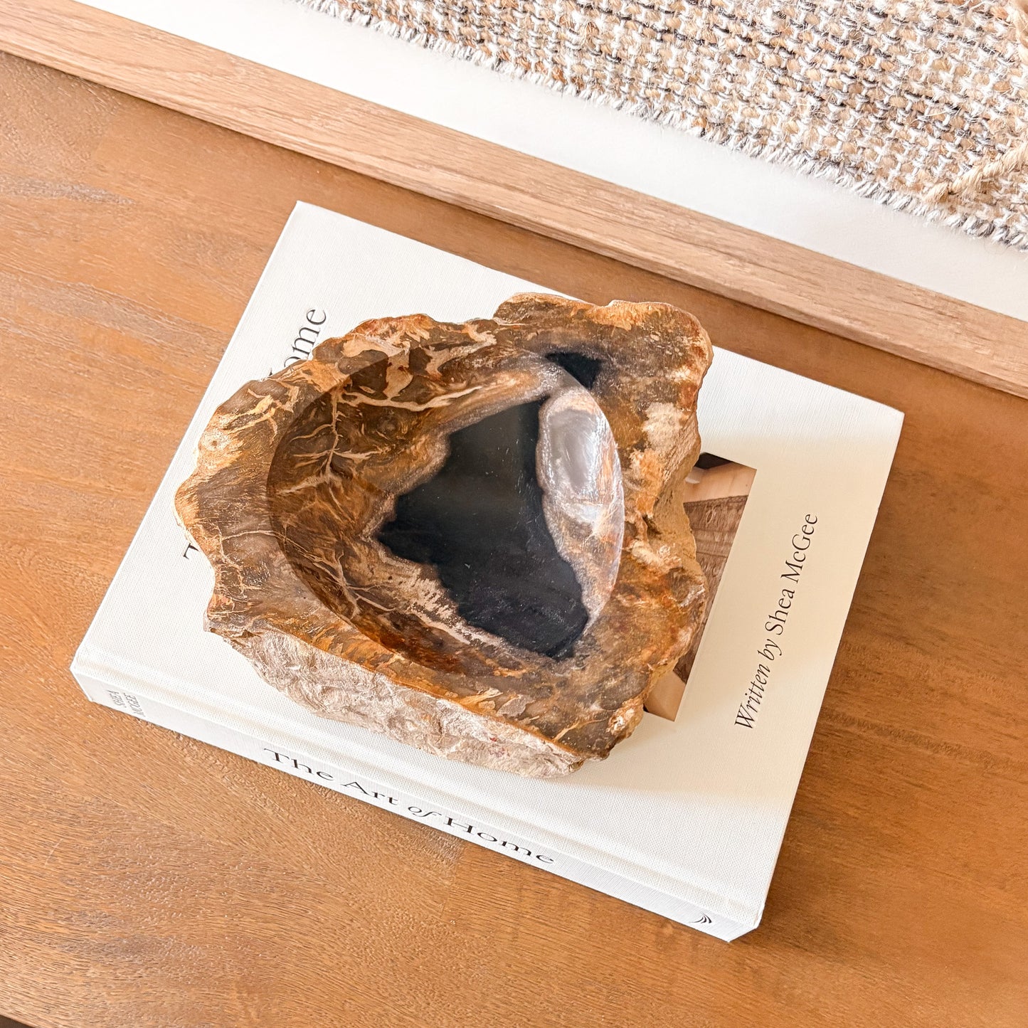 Small Indonesian petrified wood bowl handcrafted from fossilized wood, natural stone decor dish with unique grain patterns