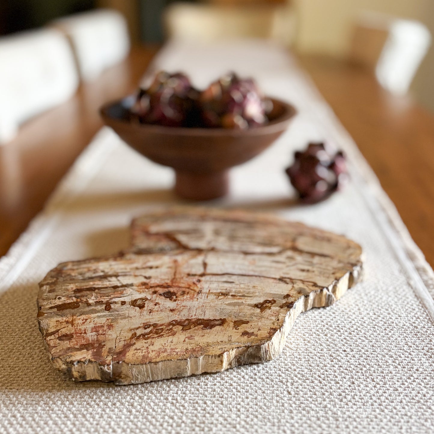 Luxury petrified wood serving board made from ancient Indonesian fossilized wood