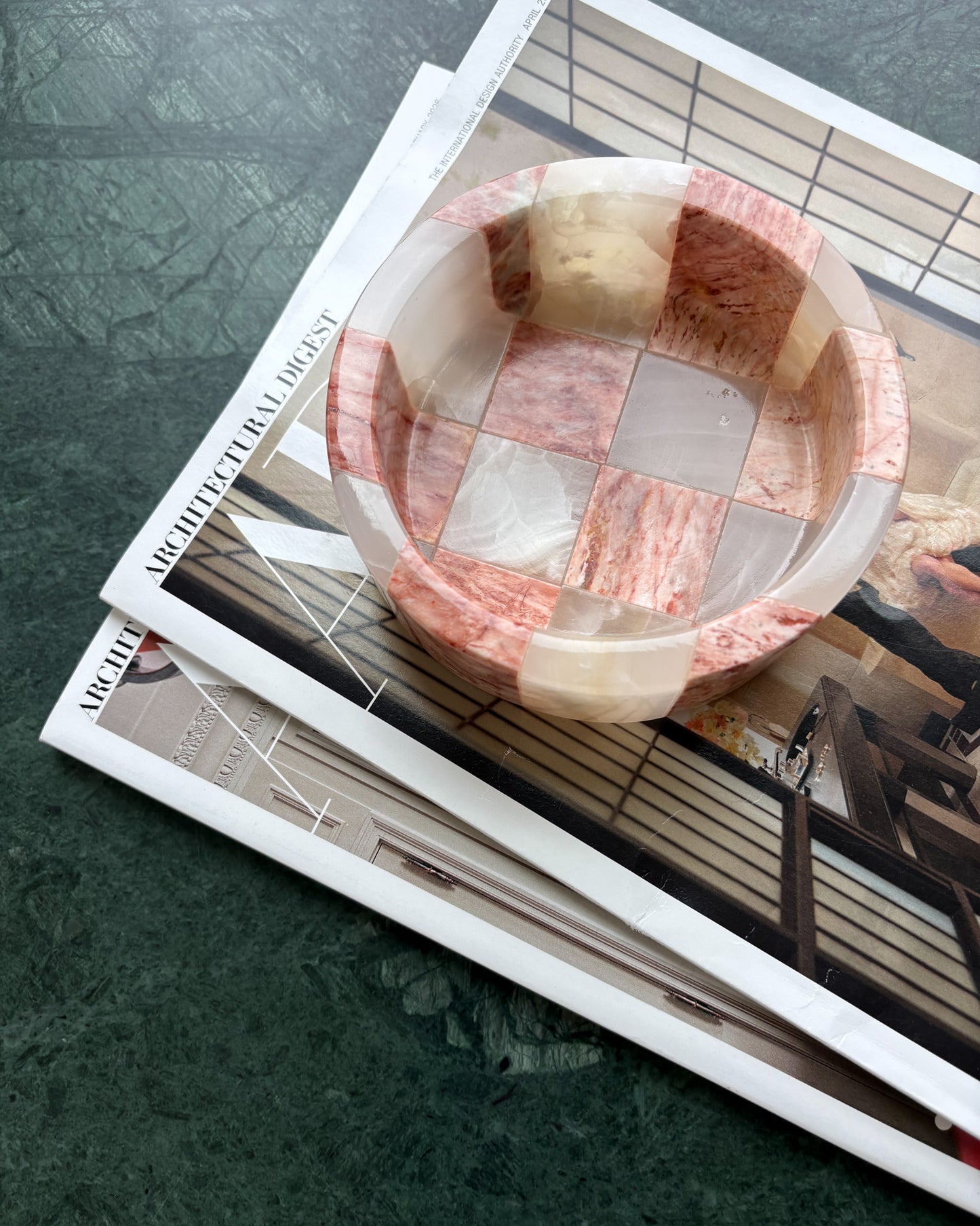 Elegant pink marble and white onyx checkerboard decorative dish