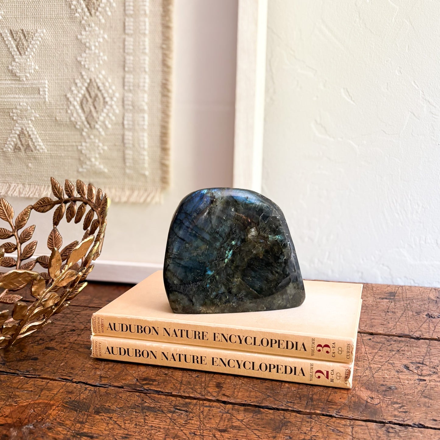 Labradorite stone on top of two Audubon Nature Encyclopedia books with a decorative metal bowl in the background.