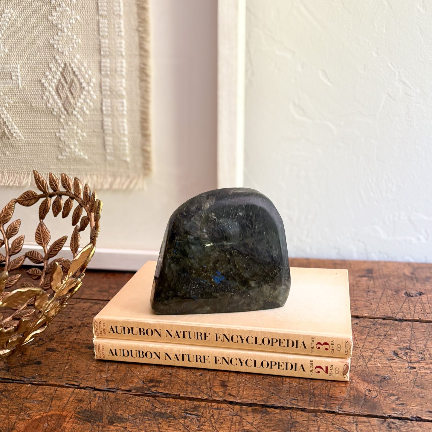 Decorative stone on top of two 'Audubon Nature Encyclopedia' books with a decorative metal basket in the background.