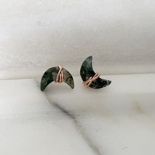 moss agate stud earrings, modern crystal jewelry