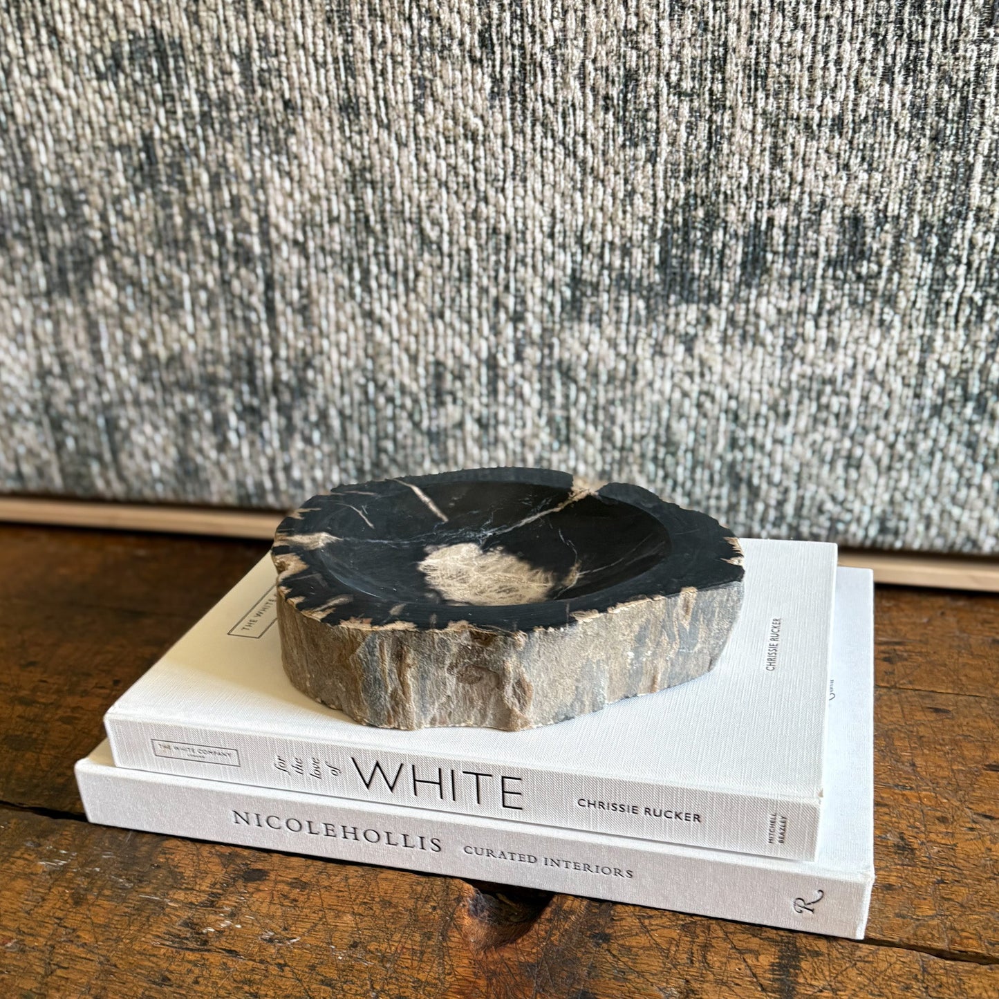 modern organic home accents, black fossilized wood bowl