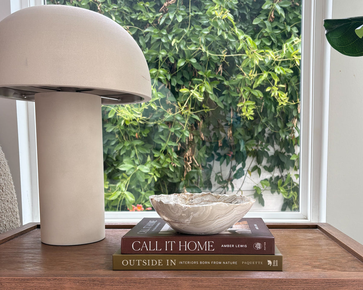 Natural onyx decorative bowl in soft white and cream tones
