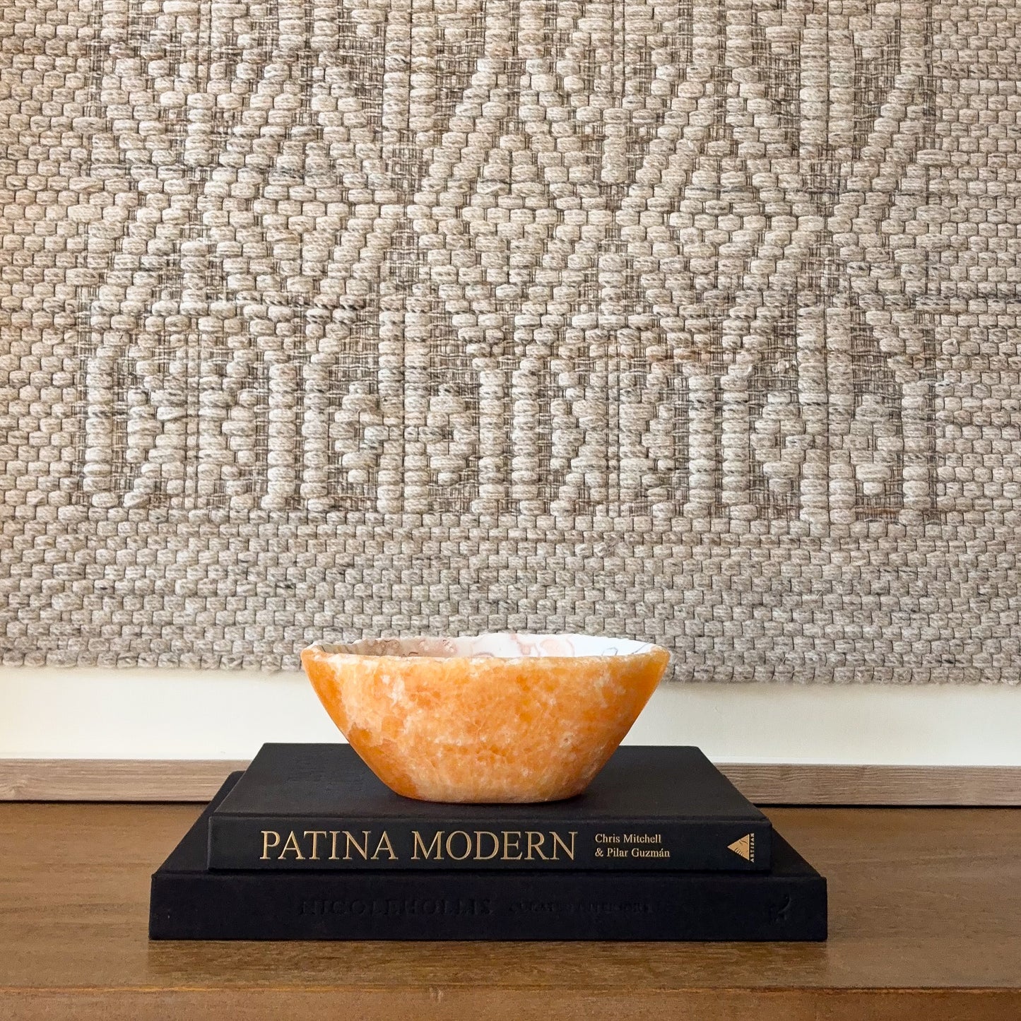 Artisan zebra calcite stone bowl with unique striped mineral pattern, modern interior decor