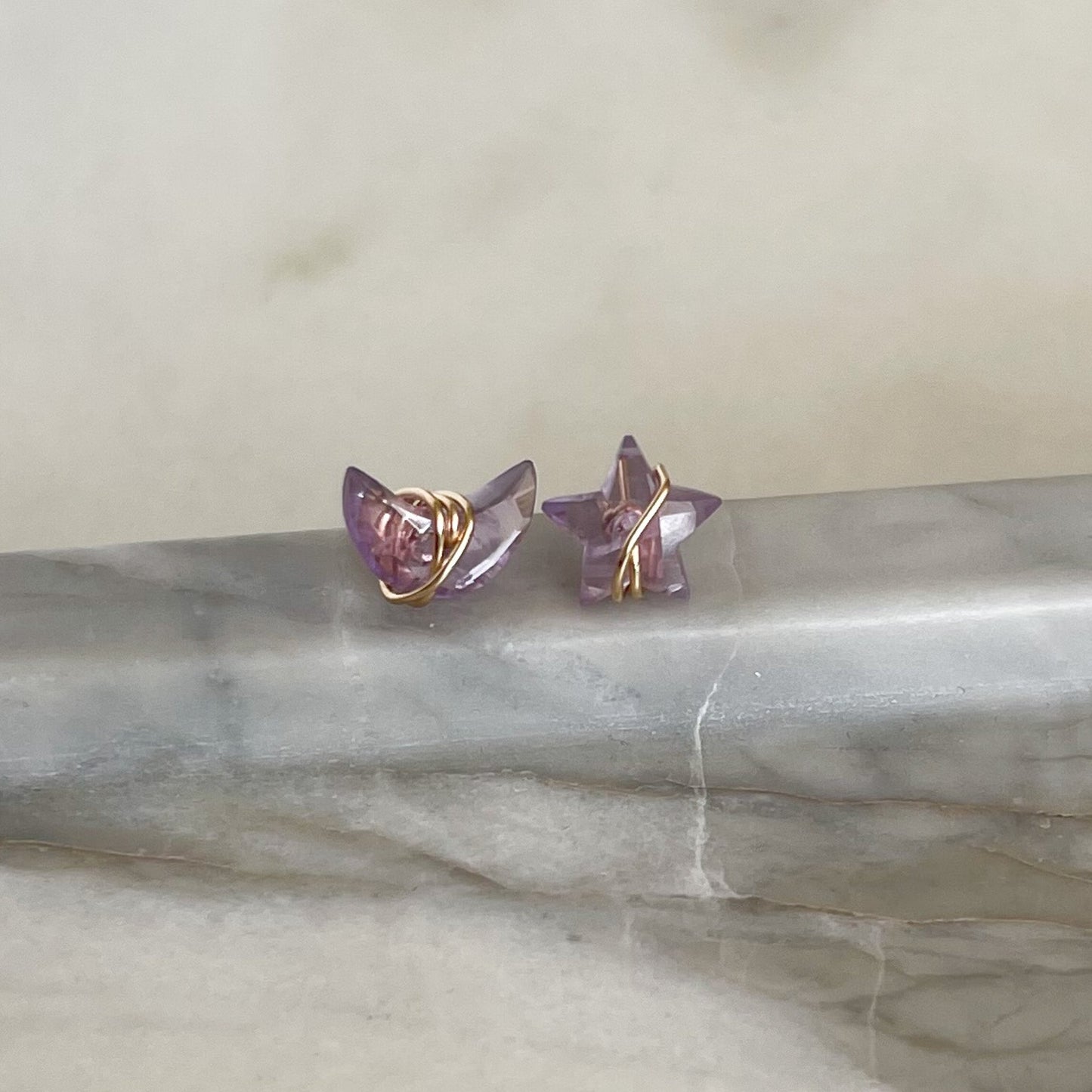 amethyst crystal gold stud earrings moon and star