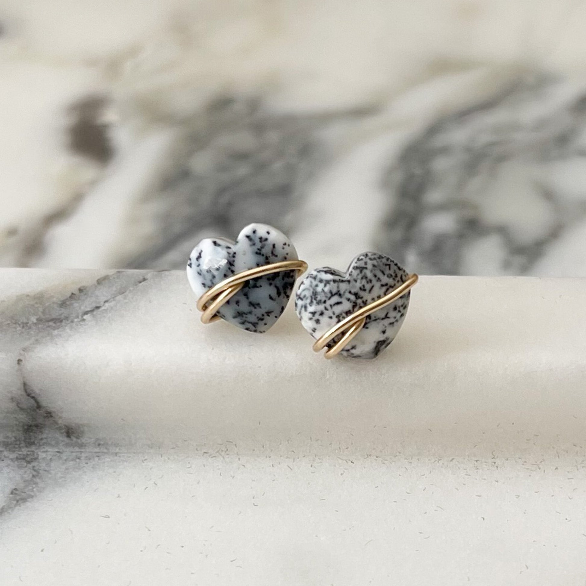 Dendritic Opal Heart Stud Earrings