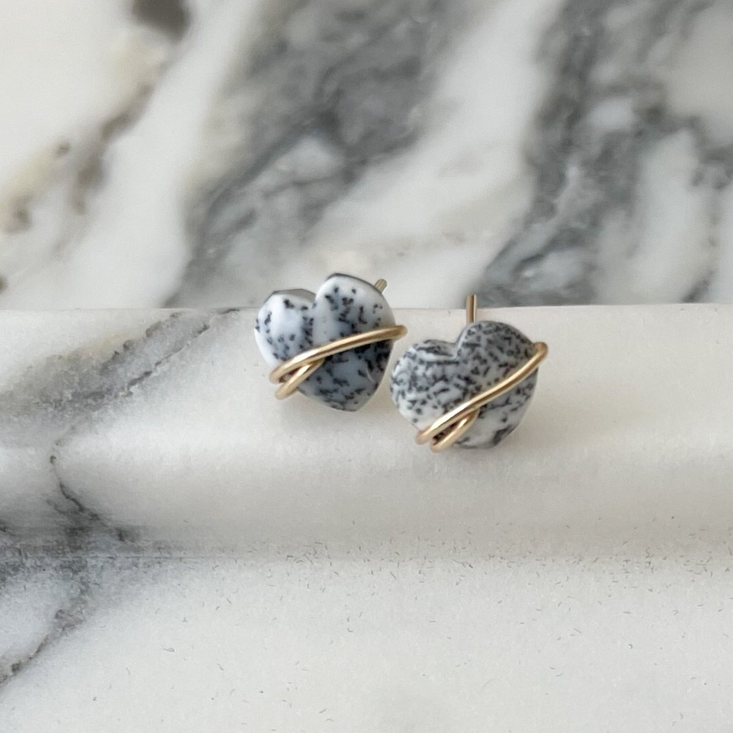 Dendritic Opal Heart Stud Earrings