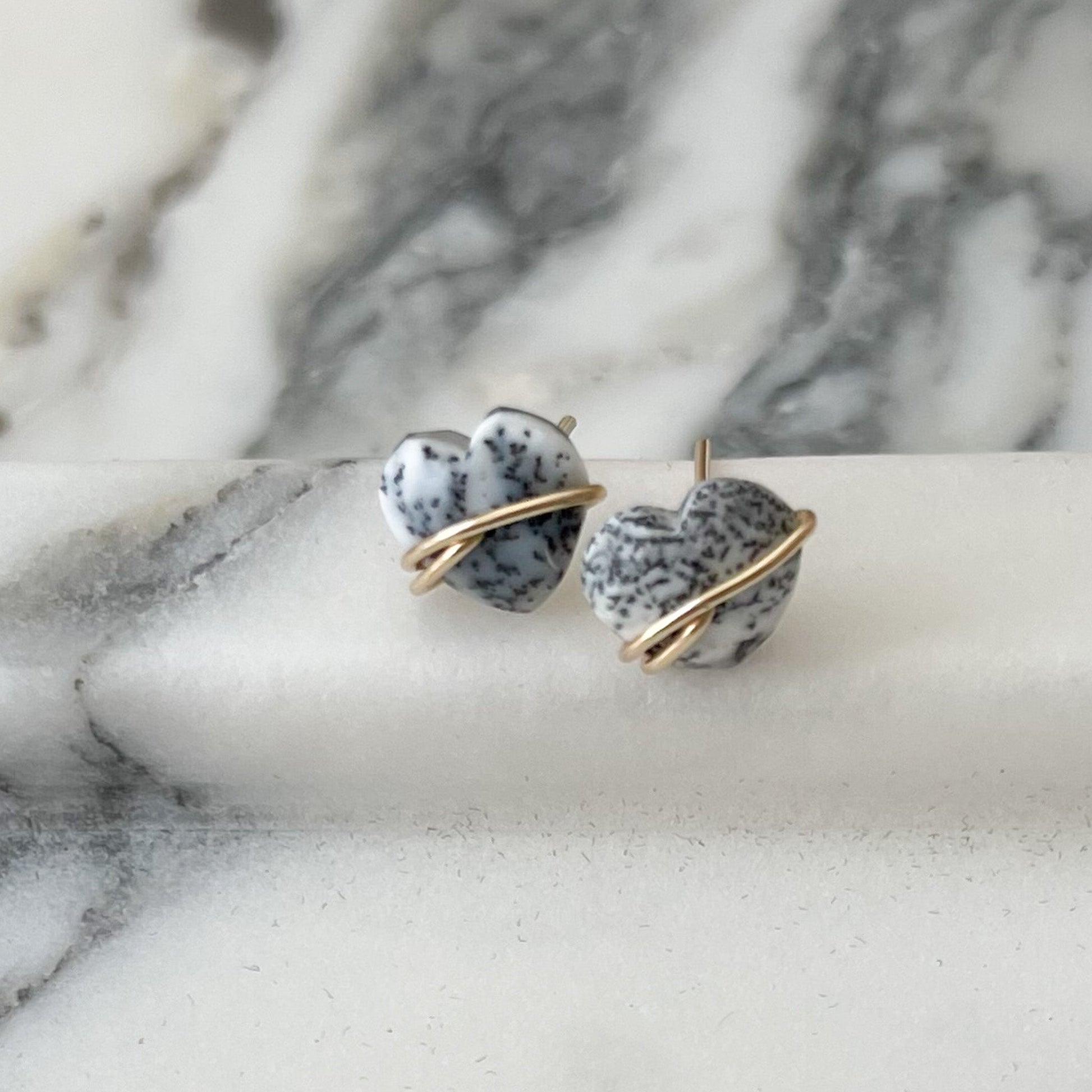 Dendritic Opal Heart Stud Earrings