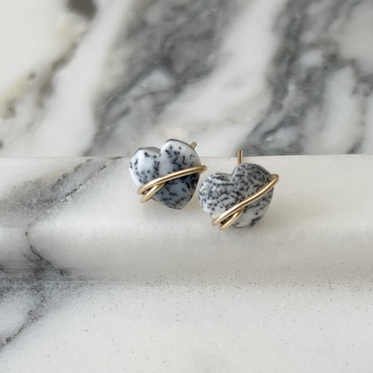 Dendritic Opal Heart Stud Earrings