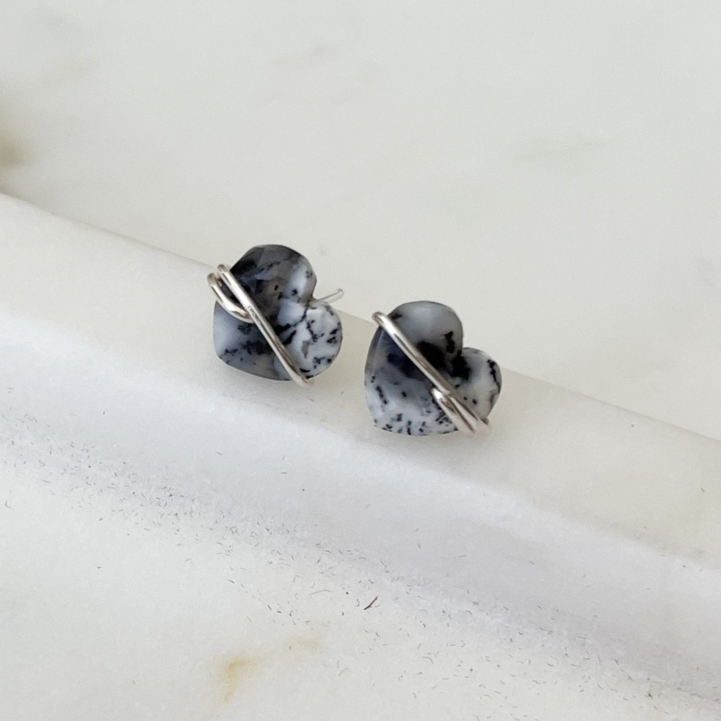 Dendritic Opal Heart Stud Earrings