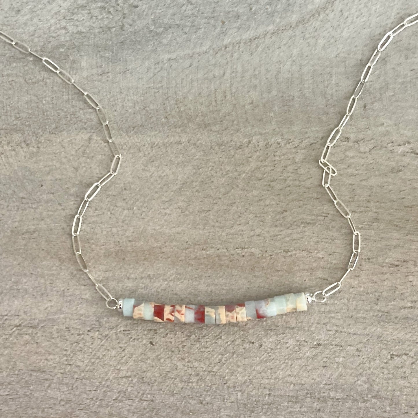Sterling Silver Sea Sediment Jasper Necklace, Red and Blue Jasper Necklace