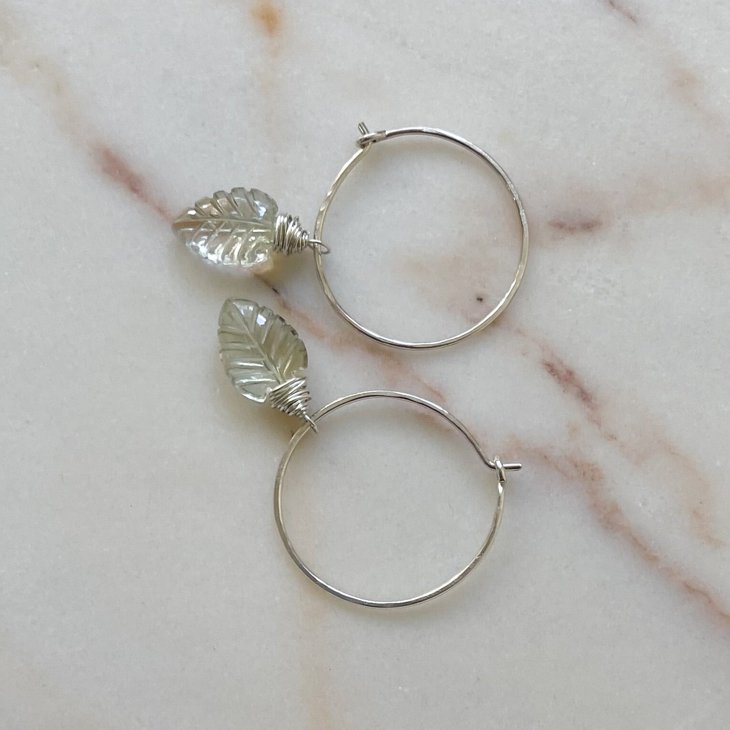 Silver Green Amethyst Hoop Earrings, Green Amethyst Palm Leaf Earrings