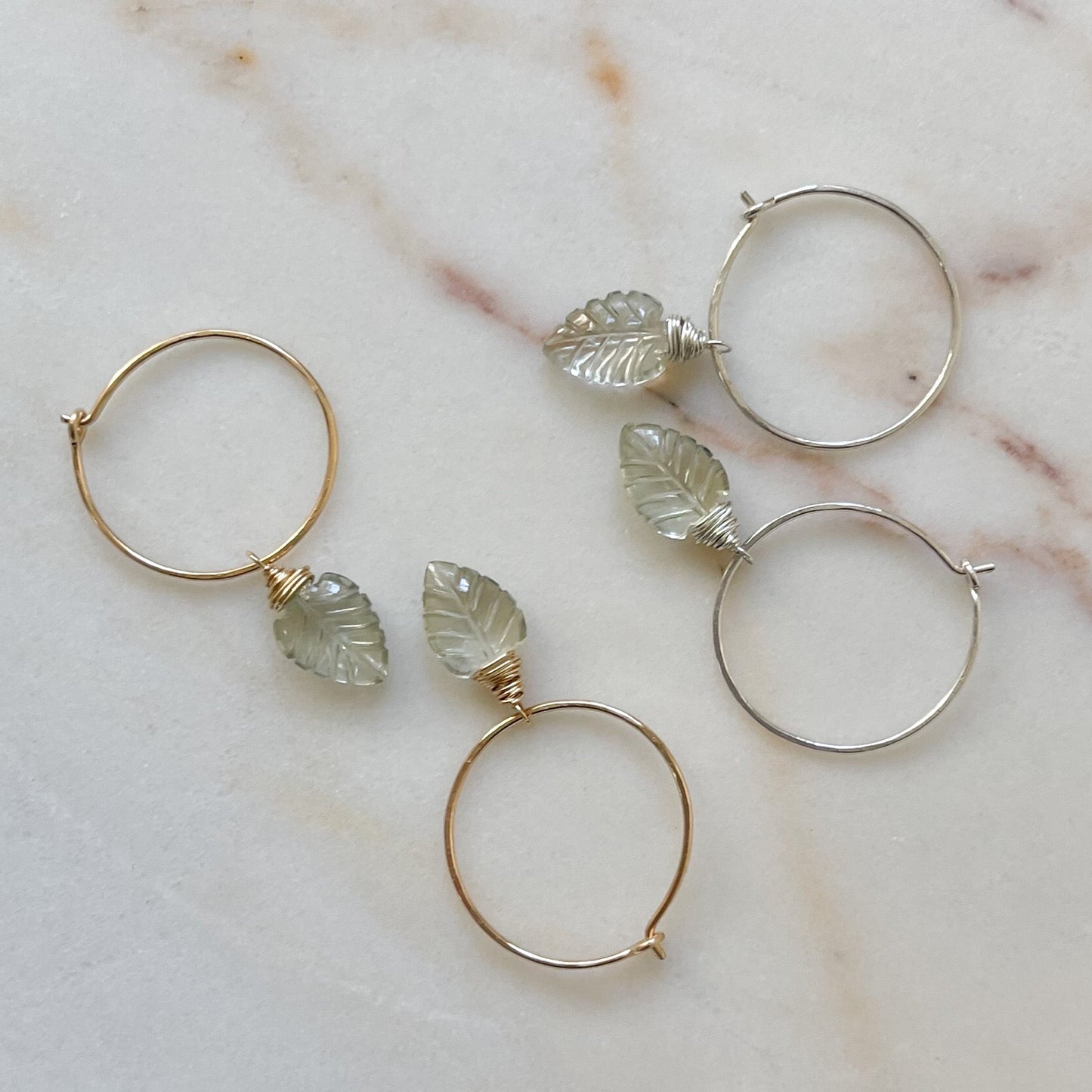 Green Amethyst Palm Leaf Hoop Earrings, Pariolite Earrings
