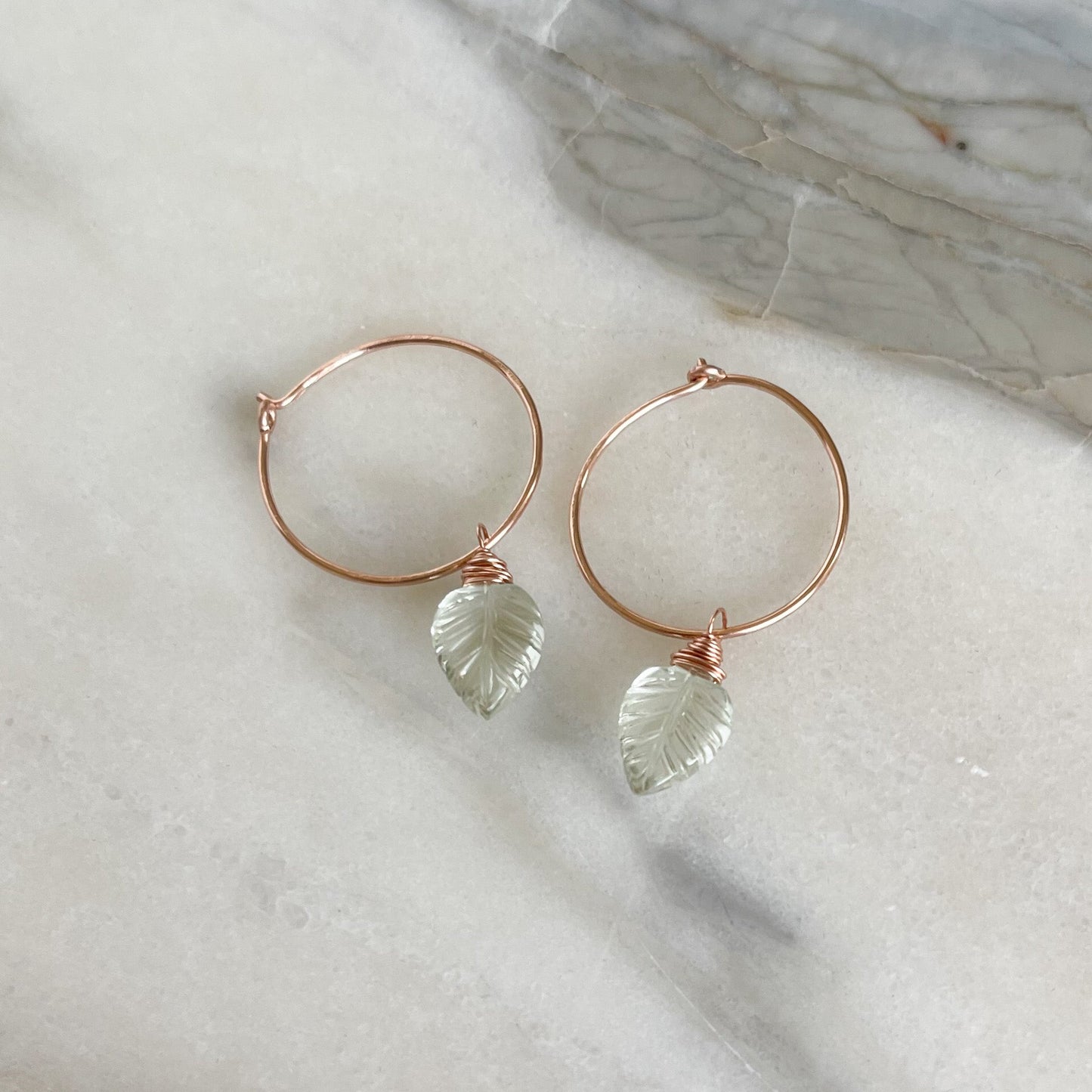 green amethyst palm leaf rose gold hoop earrings