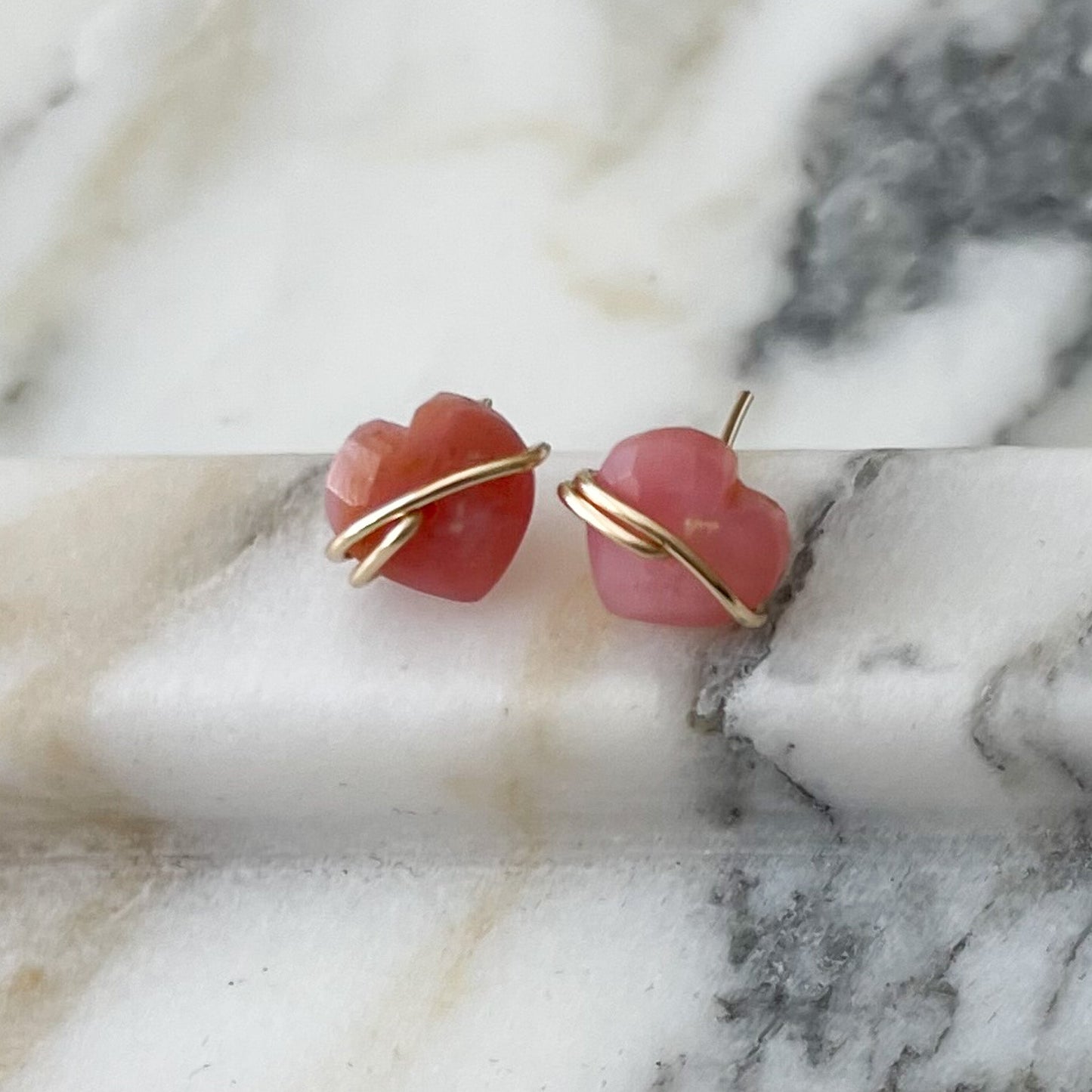Pink Opal Heart Stud Earrings