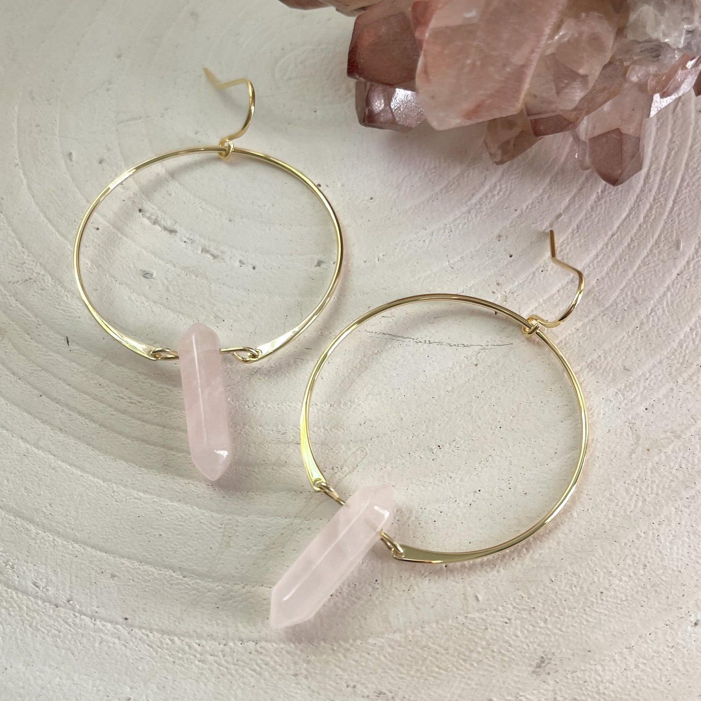 Rose Quartz Crystal Gold Hoop Earrings