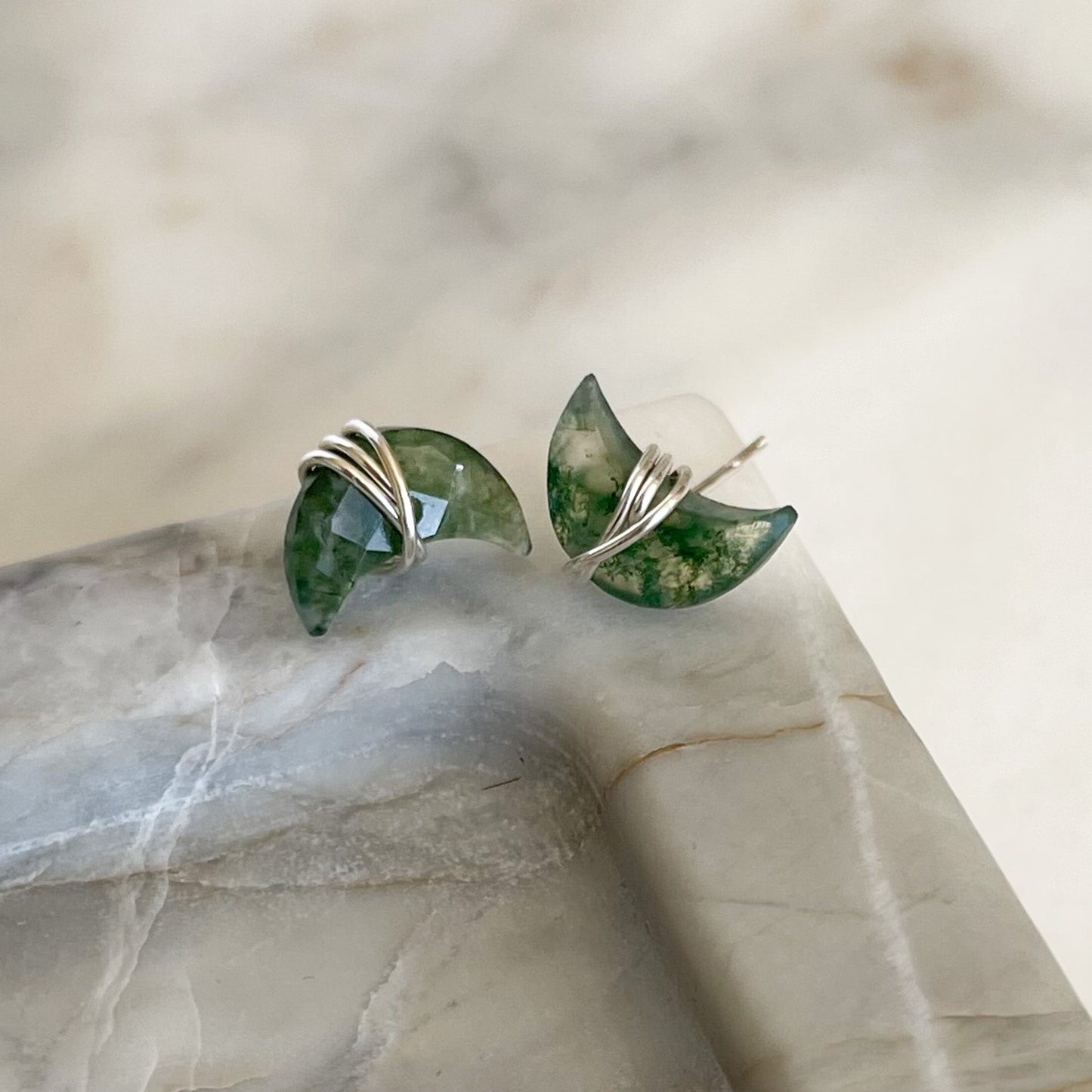 moss agate moon stud earrings, natural stone earrings
